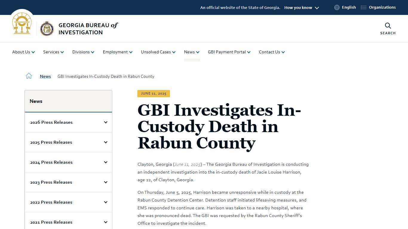 GBI Investigates In-Custody Death in Rabun County Georgia Bureau of Investigation